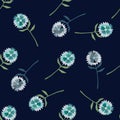 Dark random seamless doodle pattern with flowers. Dandelion silhouettes on navy blue background Royalty Free Stock Photo