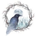 Watercolor raven on a wreath Royalty Free Stock Photo