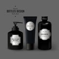 Dark Realistic Cosmetic Bottles Set. Product Packaging Design with Vintage Labels. Black Plastic Container Mockup Royalty Free Stock Photo