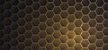 Dark realistic 3d texture of hexagon or honeycom, golden structure on black backdrop with light flare accent Royalty Free Stock Photo