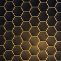 Dark realistic 3d texture of hexagon or honeycom, golden structure on black backdrop Royalty Free Stock Photo