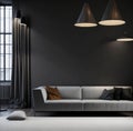 Dark Realistic Minimalistic Living Room Luxury Big Sofa Large Window Natural Light Clean Wood Concrete Textures Color Accent