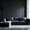 Dark Realistic Minimalistic Living Room Luxury Big Sofa Large Window Natural Light Clean Wood Concrete Textures Color Accent