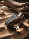 Dark Perfume with Pale Rose and Seashell on Sand and Driftwood Royalty Free Stock Photo