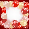 Dark red background with realistic balloons. Composition from glossy balls with a blank sheet of paper with space for text