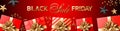 Dark and red Black Friday Sale composition for banner ofr website header template. Red covered gifts with golden bows and ribbons,