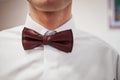 Dark red bowtie on the grooms neck Royalty Free Stock Photo