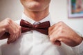 Dark red bowtie on the grooms neck Royalty Free Stock Photo