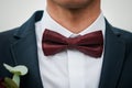 Dark red bowtie on the grooms neck Royalty Free Stock Photo