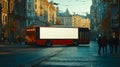 A dark red bus with white, empty advertising space for a mockup, on the streets of city. Generative AI Royalty Free Stock Photo