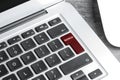 Dark red button with word Bonus on laptop keyboard, closeup Royalty Free Stock Photo