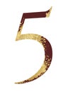 Dark red and Golden glitter number 5 with dispersion effect, festive design element
