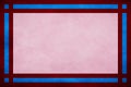 Dark red grunge frame. Pink textured parchment background. Blue geometric border trim, rectangle lines, squares in corner. Royalty Free Stock Photo