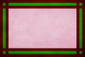 Dark red grunge frame. Pink textured parchment background. Green geometric border trim, rectangle lines, squares in corner.