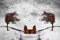 A Dark Red House Between Two Trees With Dark Red Leaves on A Snowy Landscape and Flying Birds Silluettes. Black, White and Red.