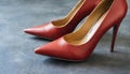 Dark red leather high heel shoes on gray floor. Woman footwear
