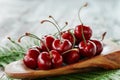 Dark red ripe large cherries on a wooden table, selective focus. Close up. Copy space Royalty Free Stock Photo