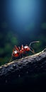 Dark Red And Silver Ant On Branch With Water Droplet