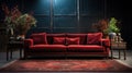 Dark Red Sofa with a Dark Gray Empty Wall Behind Persian Rug on Floor Lux Side Table Living Room Background Royalty Free Stock Photo