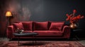 Dark Red Sofa with a Dark Gray Empty Wall Behind Persian Rug on Floor Lux Side Table Living Room Background Royalty Free Stock Photo