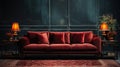 Dark Red Sofa with a Dark Gray Empty Wall Behind Persian Rug on Floor Lux Side Table Living Room Background Royalty Free Stock Photo