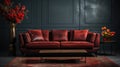 Dark Red Sofa with a Dark Gray Empty Wall Behind Persian Rug on Floor Lux Side Table Living Room Background Royalty Free Stock Photo