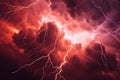 Dark red stormy sky crackling with electrifying apocalyptic lightning. Royalty Free Stock Photo