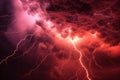 Dark red stormy sky crackling with electrifying apocalyptic lightning. Royalty Free Stock Photo