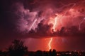 Dark red stormy sky illuminated by dramatic apocalyptic lightning.