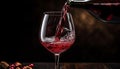 Dark red wine elegantly pouring into wine glass on captivating dark background, close up shot