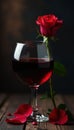 Dark red wine and a single long-stemmed red rose wine drink Royalty Free Stock Photo