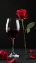 Dark red wine and a single long stemmed red rose , luxury, romantic date, special Royalty Free Stock Photo