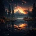 Dark Reflections: Annapurna Iii Landscape At Night With Pine Trees, Lake, And River Royalty Free Stock Photo