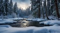 Dark river flows through snow covered forest in winter with sunlight breaking through clouds trees Royalty Free Stock Photo