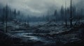 Dark River: A Frostpunk-inspired Painting Of A Cryptidcore Wilderness