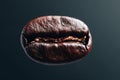Dark roasted coffee bean floating in front of a deep grey background, highlighting its rich texture and color, showing a single Royalty Free Stock Photo