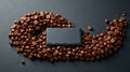 Dark roasted coffee beans arranged with a blank slate sign for your message. Generative AI Royalty Free Stock Photo