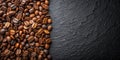 Dark roasted coffee beans arranged on a textured black surface. Generative AI Royalty Free Stock Photo