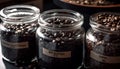 Dark roasted coffee beans fill a glass jar generated by AI