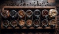 Dark roasted coffee beans fill the wooden grinder generated by AI