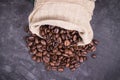 Dark roasted fragrant coffee beans in jute bag