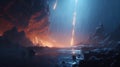 Dark rocky alien world with volcanic terrain and fiery rain. Generative AI