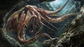 A the dark rocky walls of a deepsea canyon a colossal squid emerges from the shadows its massive tentacles reaching out