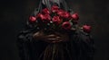 Dark And Romantic A Woman In Black Hood Holding A Big Bunch Of Roses