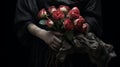 Dark Romanticism A Woman In Black Holding A Bunch Of Red Roses