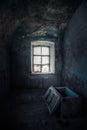 Dark room of abandoned mansion. Opened old chest Royalty Free Stock Photo