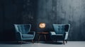Dark room with accents. Blue navy armchairs. Trendy modern interior design mockup. Royalty Free Stock Photo