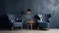 Dark room with accents. Blue navy armchairs. Trendy modern interior design mockup. Royalty Free Stock Photo