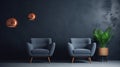 Dark room with accents. Blue navy armchairs. Trendy modern interior design mockup. Royalty Free Stock Photo