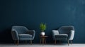 Dark room with accents. Blue navy armchairs. Trendy modern interior design mockup. Royalty Free Stock Photo